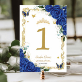Quinceañera XV Royal Blue Blommigt Guld Butterflie Bordsnummer