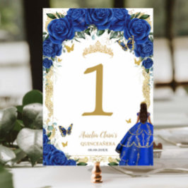 Quinceañera XV Royal Blue Blommigt Guld Girl Dress Bordsnummer