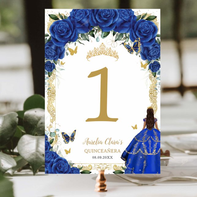 Quinceañera XV Royal Blue Blommigt Guld Girl Dress Bordsnummer (Skapare uppladdad)