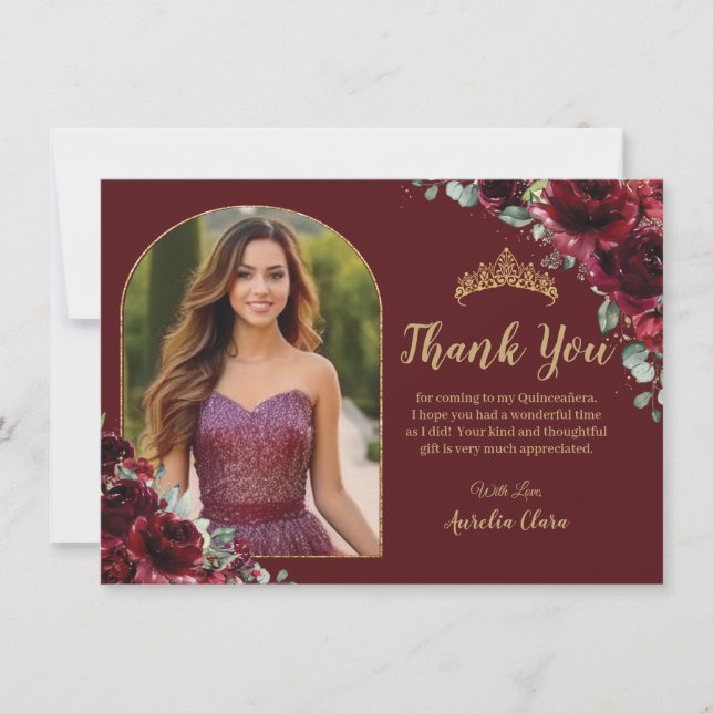 Quinceañera XV Sweet 16 Burgundy Floral Gold Photo Tack Kort (Framsida)