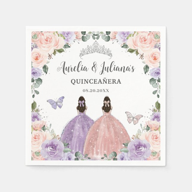 Quinceañera XV Sweet 16 Lilac  Blommigtar Twilling Pappersservett (Framsidan)