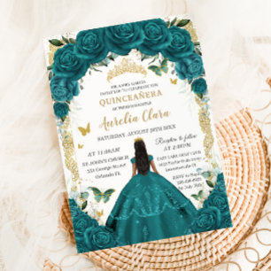 Quinceañera XV Teal Grönt Blommigt Princess Dress Inbjudningar