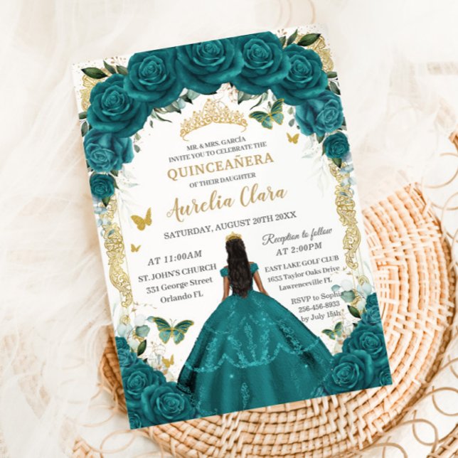 Quinceañera XV Teal Grönt Blommigt Princess Dress Inbjudningar (Skapare uppladdad)