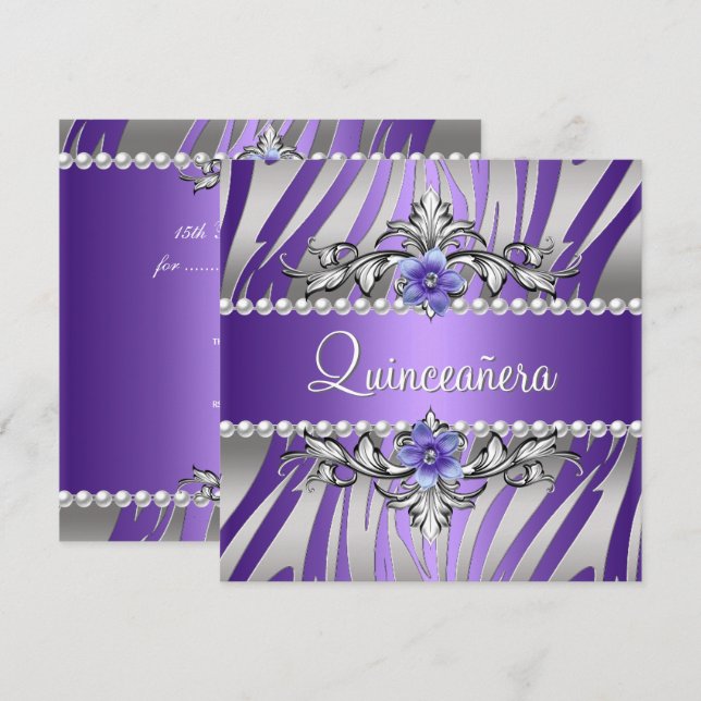 Quinceañera  Zebra Lila Pärl Silver Inbjudningar (Fram/baksida)