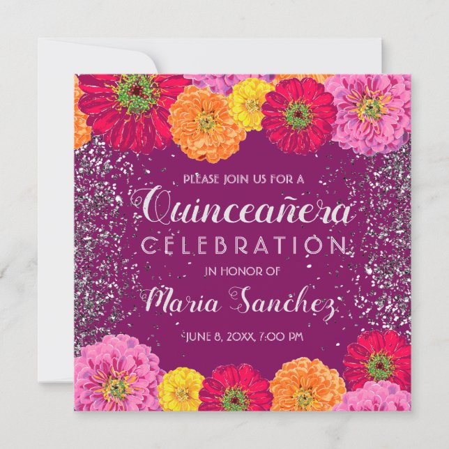 Quinceañera Zinnia Blommigt Glitter Lila Party Inbjudningar (Framsida)