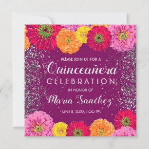 Quinceañera Zinnia Blommigt Glitter Lila Party Inbjudningar