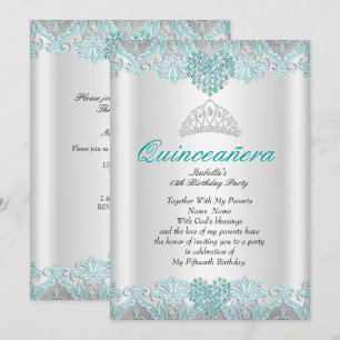 Quinceañerafest Teal Blå Hjärtan Spets Tiara Inbjudningar