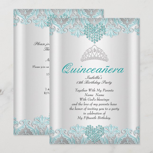 Quinceañerafest Teal Blå Hjärtan Spets Tiara Inbjudningar (Fram/baksida)