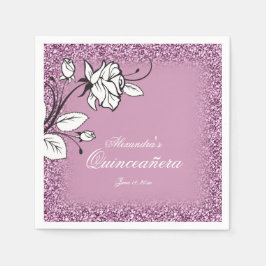 Quinceañerafirande Vita Rosor Lila Glitter Pappersservett