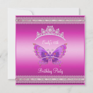 Quincenera 15:e Fushia Rosa Silver Tiara Butterfly Inbjudningar