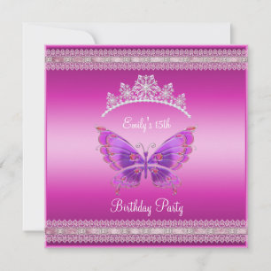 Quincenera 15:e Fushia Rosa Silver Tiara Fjäril Inbjudningar