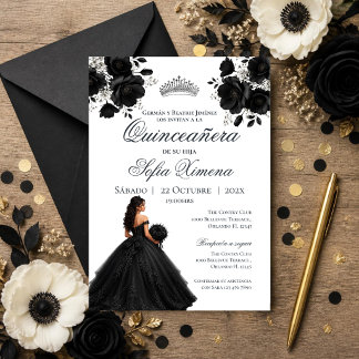 Quincenera-inbjudan med svart blommig inbjudningar