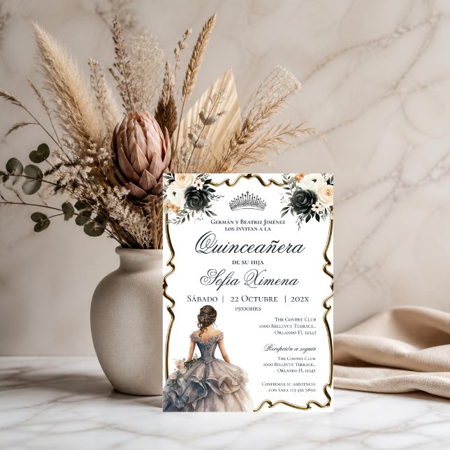 Quincenera-inbjudan med svart blomster inbjudningar (Skapare uppladdad)