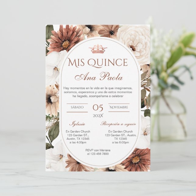 Quincenera-inbjudan på spanska BohoFloral Inbjudningar (Stående Fram)