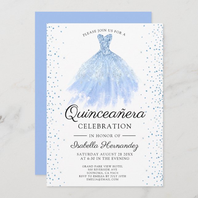 Quineanera Blue Glitter Gown Party-inbjudan Inbjudningar (Fram/baksida)