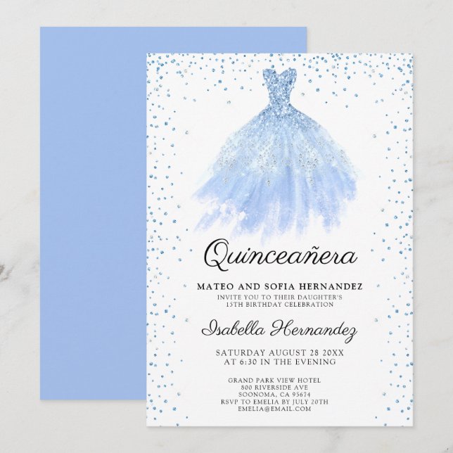 Quineanera Blue Glitter Gown Party-inbjudan Inbjudningar (Fram/baksida)