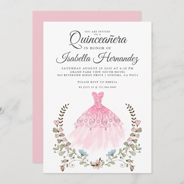 Quineanera Gown Dress Blommigt Rosa Call-inbjudan Inbjudningar (Fram/baksida)
