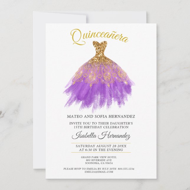 Quineanera Guld Glitter Lila Party bjudan Inbjudningar (Framsida)
