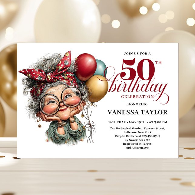 Quirky 50th birthday lady fun playful invitation inbjudningar (Quirky 50th birthday lady fun playful invitation)