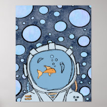Quirky Abstrakt Fish Astronaut i Space Poster