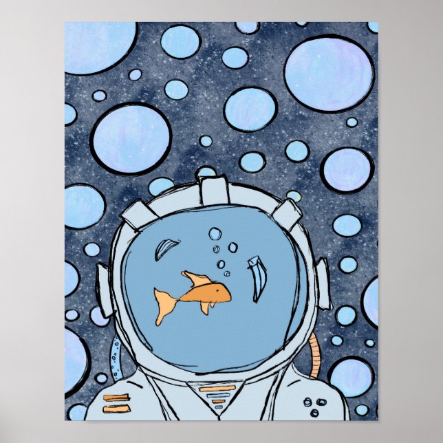 Quirky Abstrakt Fish Astronaut i Space Poster (Framsidan)