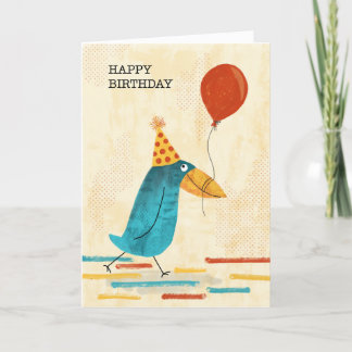 Quirky Bird med Party Hat och Balloon Birthday Tack Kort