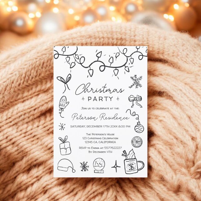 Quirky Black white illustration modern jul Inbjudningar (Quirky black white illustration modern Christmas Invitation)