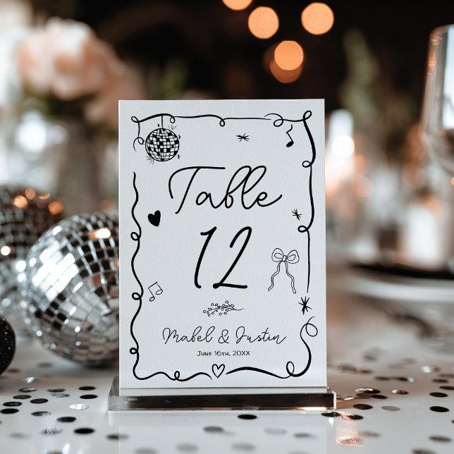 Quirky Black white whimsisical Black avslappnad Br Bordsnummer (Quirky Black white whimsical black casual Wedding Table Number)