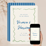 Quirky Blue Hand plockade Vågigt Squiggle Gräns Spara Datumet<br><div class="desc">Inbjudningskort för funky och vismisk bröllop spara datum med ett hand plockade-bläckande ram och ett ge teckensnittsval är en anpassningsbar-handskriven känsla. Standard färg i den här Spara datummallen är i blå och färsk grönt, men allt färger kan ändras i verktyg om du vill. Beställ den här designen som utskrift eller...</div>