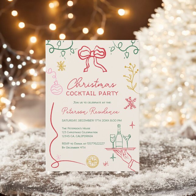 Quirky boho grönt illustration jul Cocktail Inbjudningar (Quirky boho green illustration Christmas Cocktail Invitation)