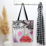 Quirky Bold Collage Art Graffiti Öga Läppar Bright Tygkasse<br><div class="desc">Den här roligten, som är färglös till väskan designad med mitt originalfärgade, kollage-stil-teckningar med fet röd läppar och krött öga och med påsar med nyare rosa, svart och vit design, lila, blått och lite av ett graffiti-känsel är perfekt när du är på språng. Ta den och handla, fyll den med...</div>