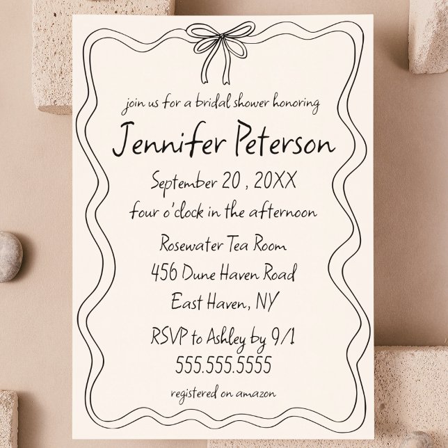 Quirky Bow Hand plockade Doodle Sketch Möhippa Inbjudningar (coquette ribbon bow hand drawn quirky eclectic whimsical bridal shower invitation black and white )