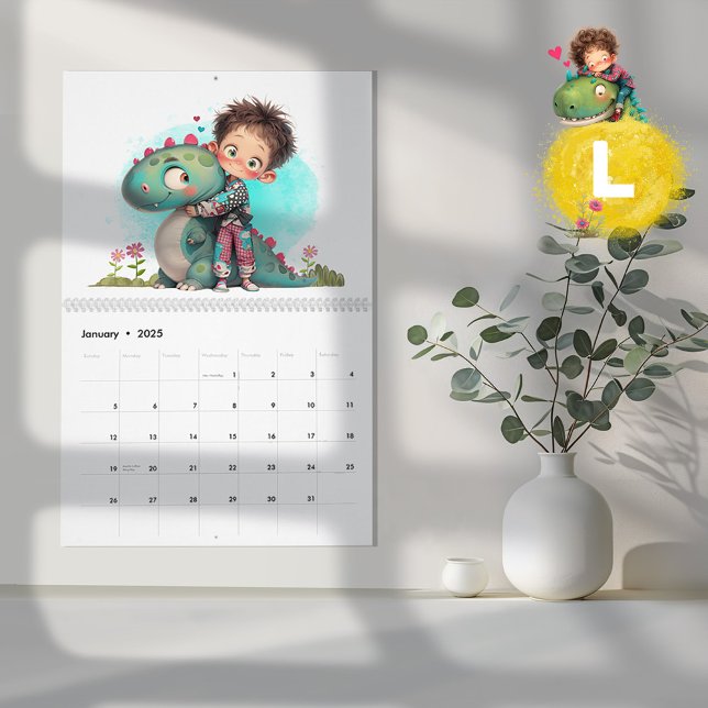 Quirky Boy & Dinosaur-Tecknad Kalender (Quirky Boy & Dinosaur Cartoon Calendar - Large)