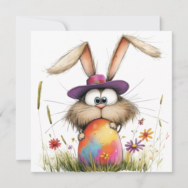 Quirky Bunny with Decorated Egg Easter Greeting Kort (Framsida)