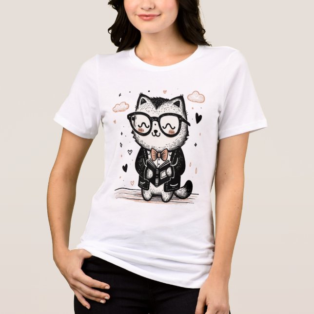 Quirky Cat Reading Bok T-Shirt-Hand-Drawn Sketch T Shirt (Framsida)