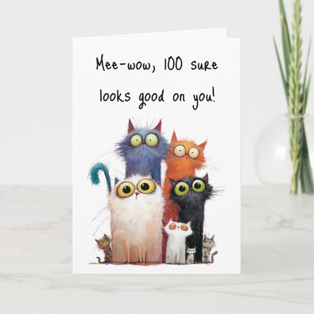 Quirky Cats with Big Eyes 100th Birthday Greeting Kort (Framsida)