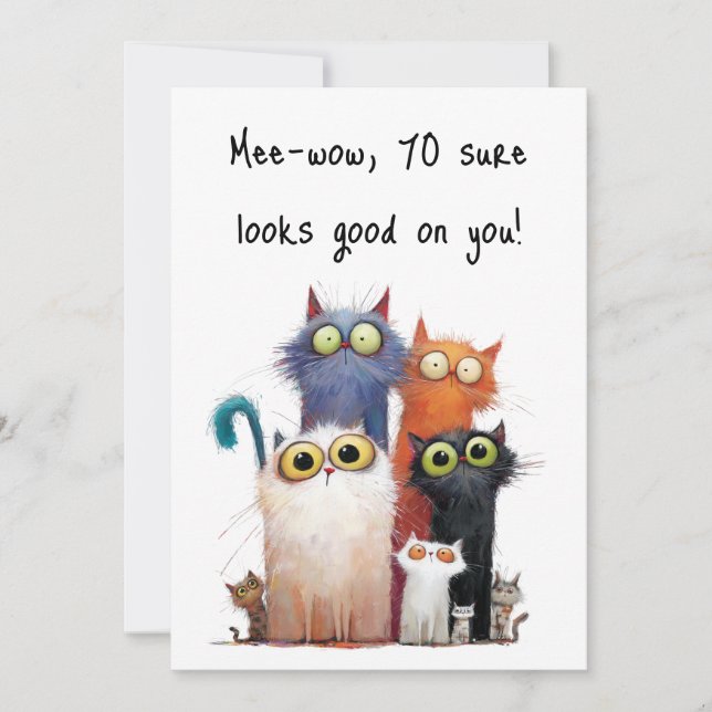 Quirky Cats with Big Eyes 70th Birthday Flat Kort (Framsida)