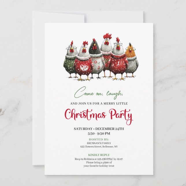 Quirky Chickens Cartoon Christmas Party Invitation Inbjudningar (Framsida)
