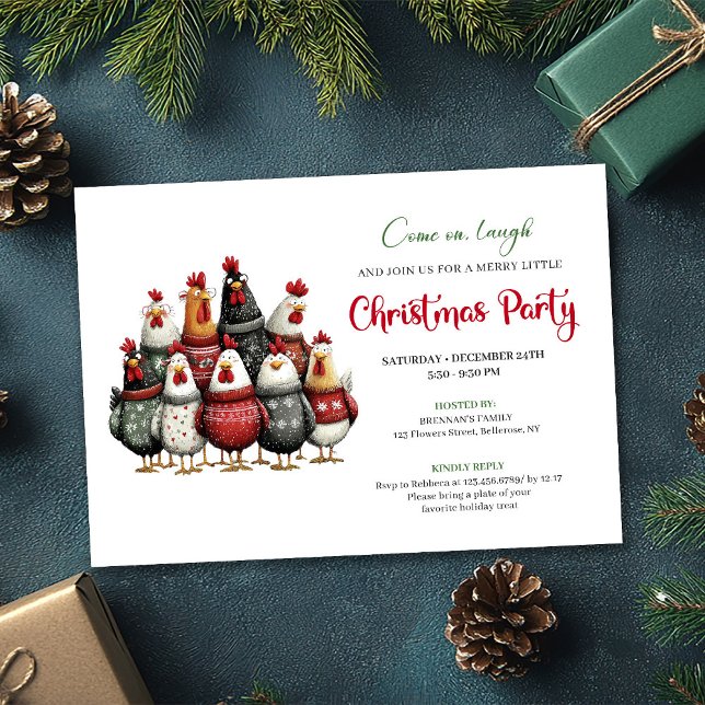 Quirky Chickens Watercolor Christmas Celebration  Inbjudningar (Quirky Chickens Watercolor Christmas Celebration Card)