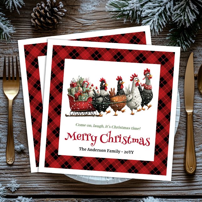 Quirky Christmas chickens napkin custom name edit Pappersservett (Rustic Funny Chickens Personalized Watercolor Holiday Christmas Napkins

)