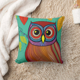 Quirky Colorful FolArt Abstrakt Uggla Kudde