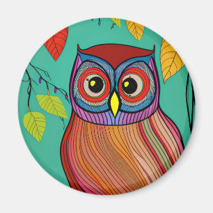 Quirky Colorful FolArt Abstrakt Uggla Magnet