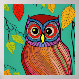 Quirky Colorful FolArt Abstrakt Uggla Poster