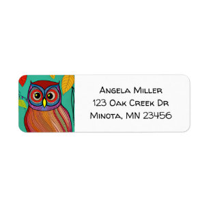 Quirky Colorful FolArt Abstrakt Uggla Returadress Etikett