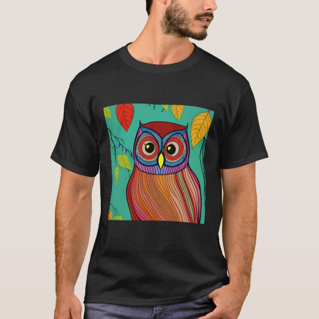 Quirky Colorful FolArt Abstrakt Uggla T Shirt (Framsida)