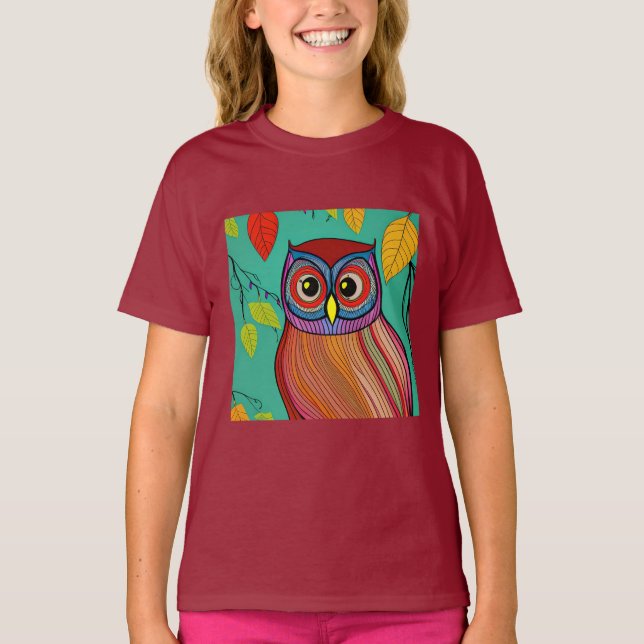 Quirky Colorful FolArt Abstrakt Uggla T Shirt (Framsida)