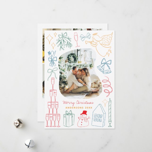 Quirky Colorful jul Photo Hand plockade Doodle Julkort (Fram/Back In Situ)