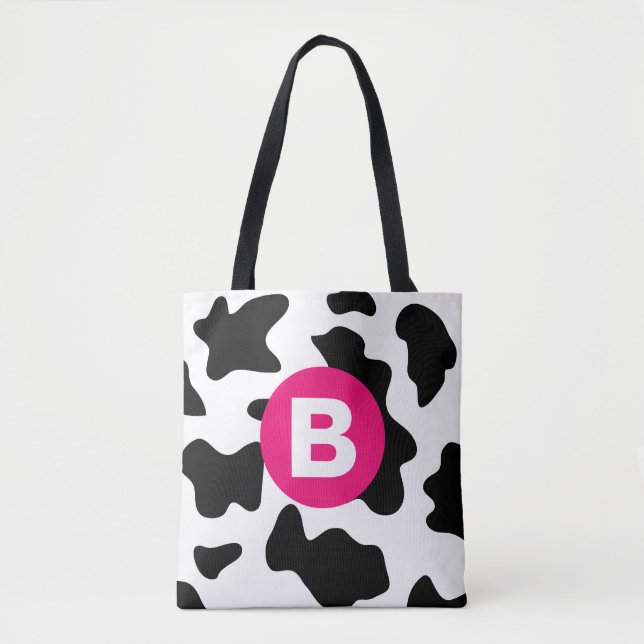 Quirky Cow Patch Pattern Pink Monogram Tygkasse (Framsida)