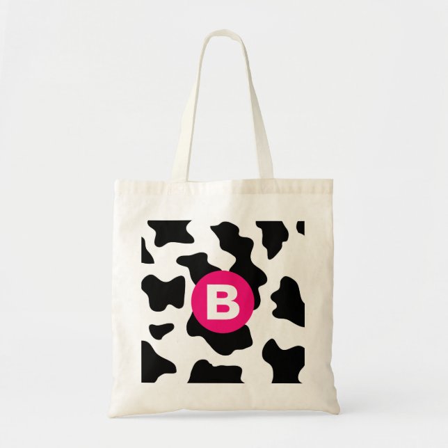 Quirky Cow Patch Pattern Pink Monogram Tygkasse (Framsidan)
