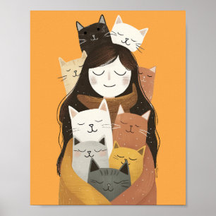 Quirky Crazy Cat Dam med Cute Cats Gult Poster
